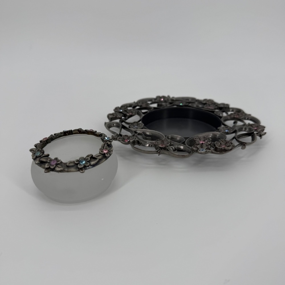 PartyLite Floral Filigree Rhinestone Candle Tray & Frosted Votive Cup Set